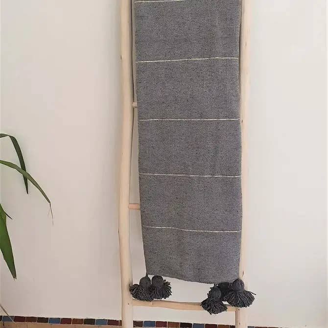 Moroccan throw blanket gray with cover tassels plaid for wholesale by Terracotta Design LTD