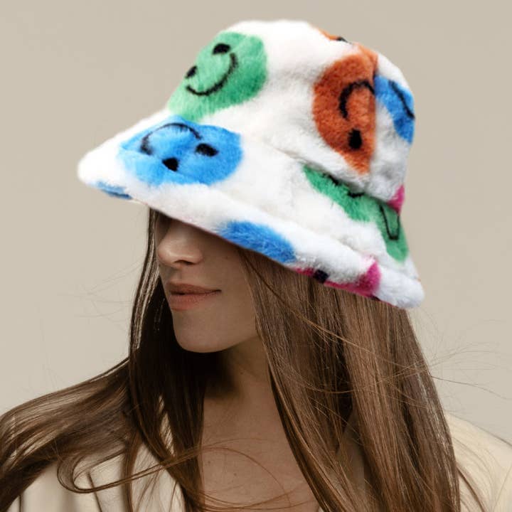Smile Patterned Faux Fur Bucket Hat for wholesale by Sensibling Corp.