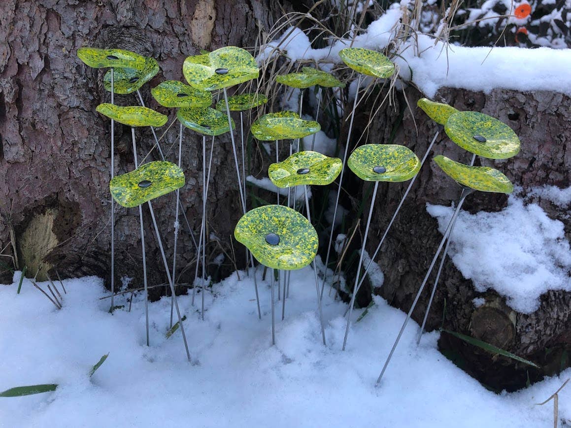 CARNEOL GLASS - Vendita all'ingrosso Paletti da giardino/prato - Piccolo Fiore di Vetro Trasparente per Esterni - Verde Mela e Giallo3