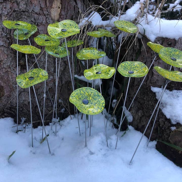 CARNEOL GLASS - Vendita all'ingrosso Paletti da giardino/prato - Piccolo Fiore di Vetro Trasparente per Esterni - Verde Mela e Giallo3