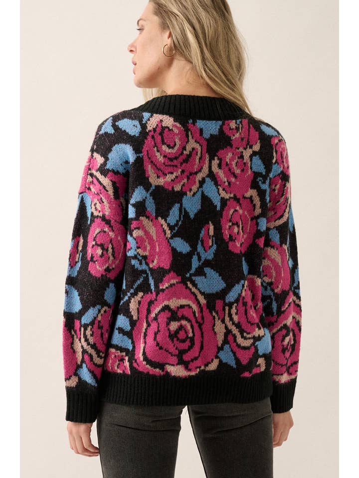 Promesa USA - Wholesale Knit Sweater - Women's - Floral V Neck Long Sleeve Loose Fit Sweater