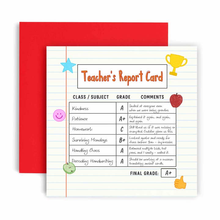 Teacher Report Card Funny Teacher Thank You Card for wholesale by Huxters