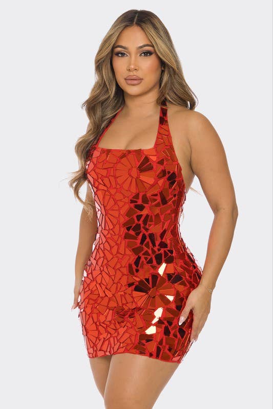 Rouge/Rouge BCCDS12872   Mini-robe ornée de miroirs brillants découpés en vente sur Faire1