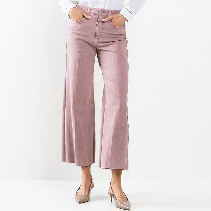 HIGH RISE COLORED RAW HEM WIDE CROP DENIM JEANS, SI1572BW-SP for wholesale by Someday