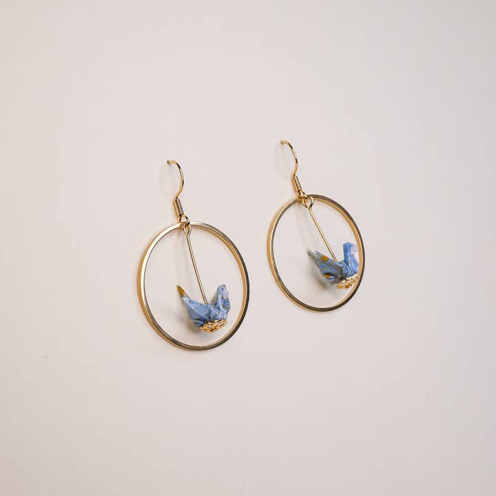 Kamyi.Art Origami Designs - Wholesale Dangle Earrings - Small Crane and Hoop Earrings in Gold4