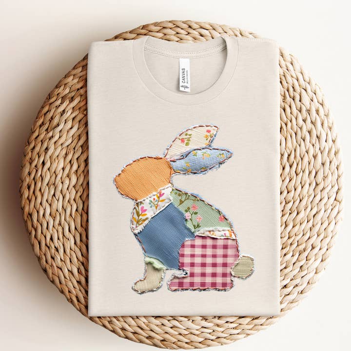 Faux Patchwork Easter Bunny Graphic Tee for wholesale by Willow Poppy