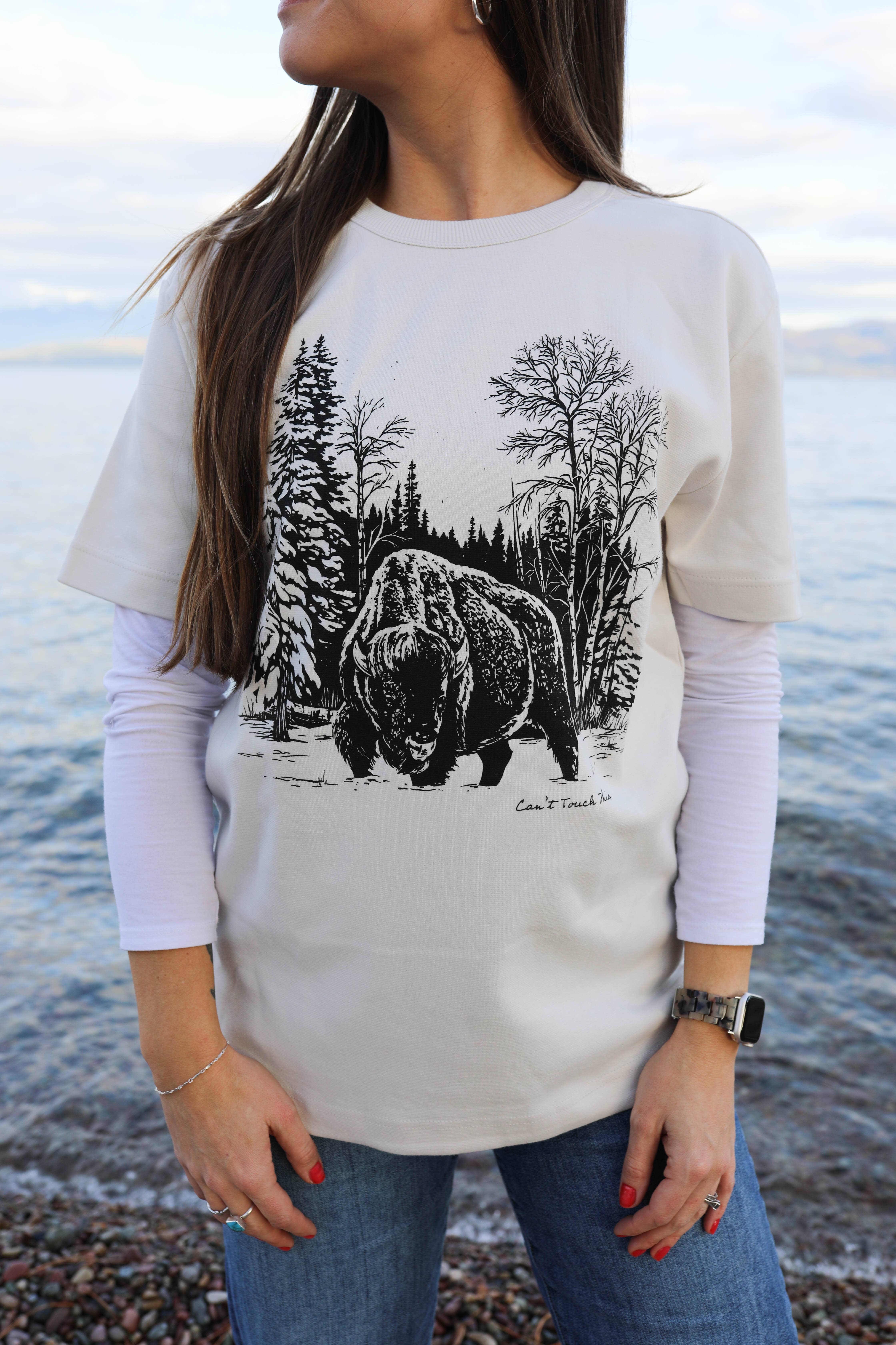 The Montana Scene - Wholesale Screen Printed T-Shirt - Unisex - Can't Touch This Bison Unisex Tee - Porcelain