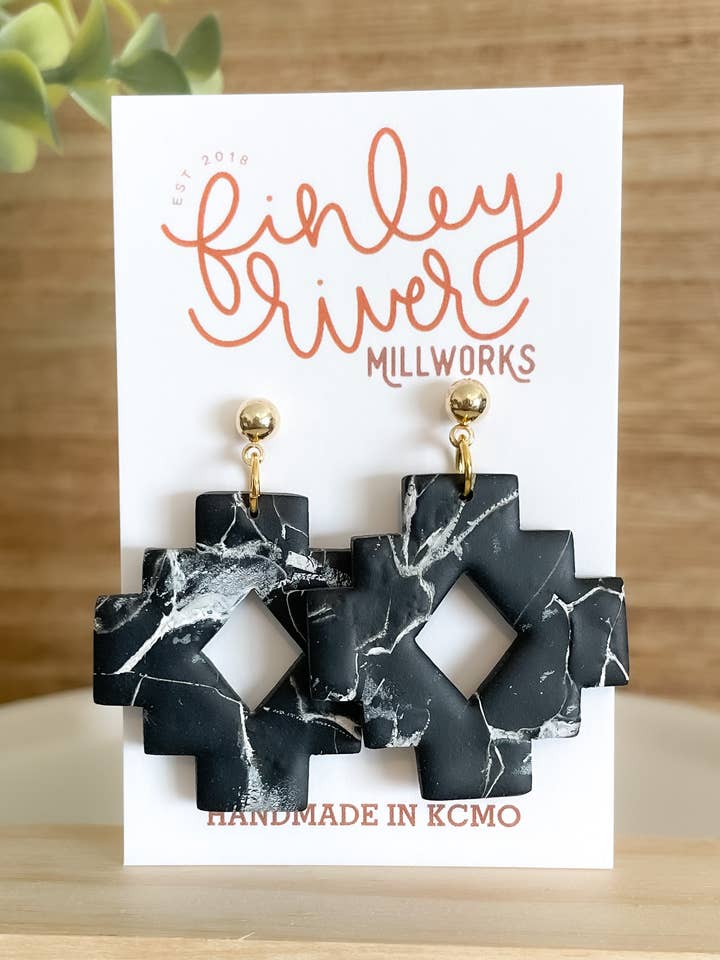 Handmade Polymer Clay Earrings | Unique Gifts for Her | Hypoallergenic Dangles | Aztec Black Marble for wholesale by Finley River | Trendy Polymer Clay Earrings | Hypoallergenic