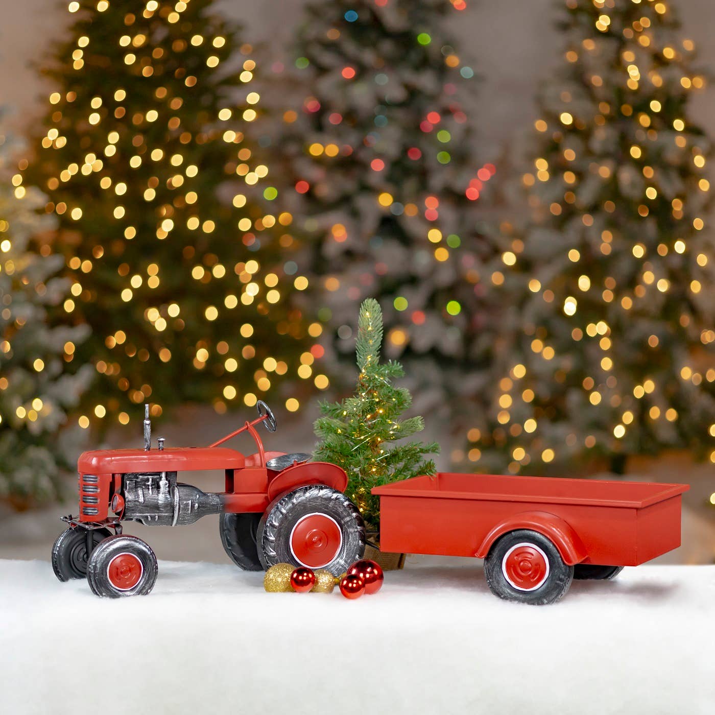 Zaer Ltd. International - Wholesale Christmas Decoration - 3.4 Foot Long Small Red Metal Tractor with Cart0