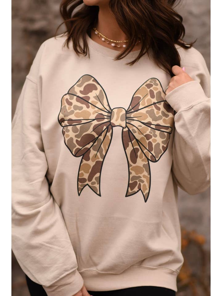 Tan Camo Bow Sweatshirt for wholesale on Faire