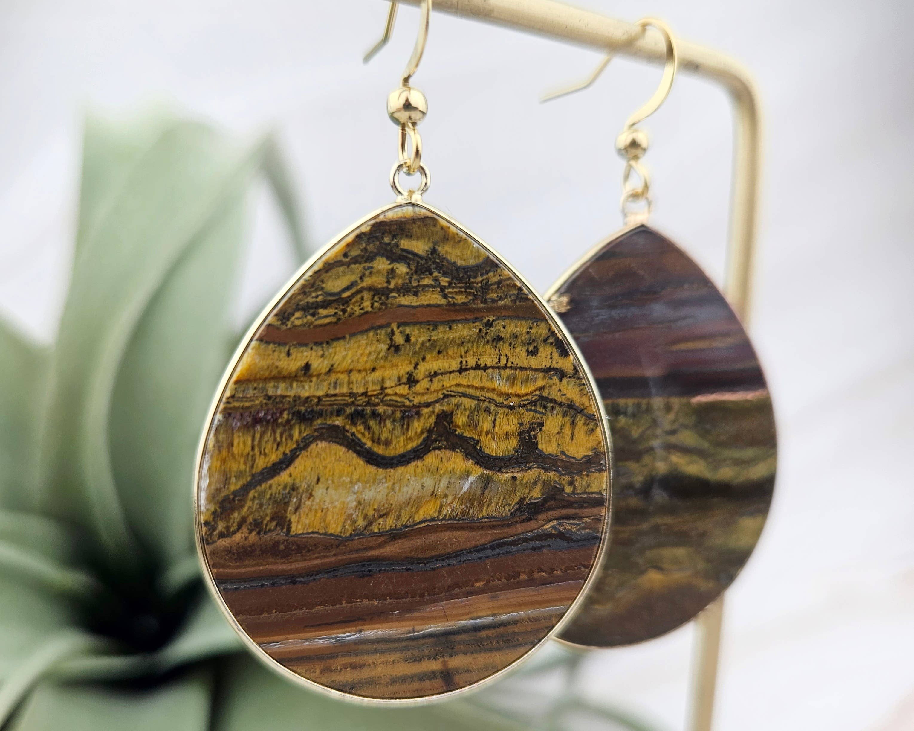 WonderLight Jewelry - Vente Boucles d'oreilles pendantes - Boucles d'oreilles plates en forme de larme - Tigers Eye/Power3