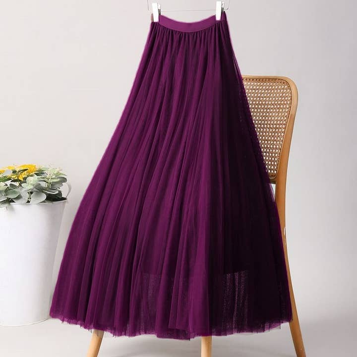 ACCITY - Wholesale Skirt - Women's - SOLID COLOR ELASTIC-WAIST MESH TULLE A-LINE SKIRT_CWBLS037223