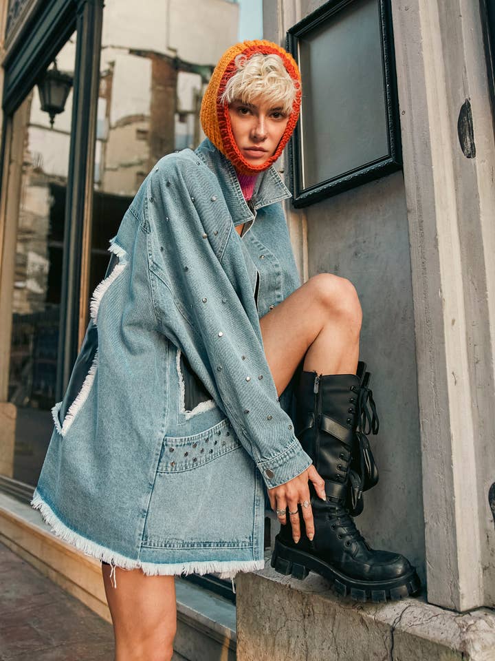 Oversized Patchwork Denim Jacket – Distressed Cutouts, Studs for wholesale by SoulofMu