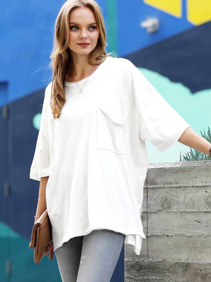 42POPS - Wholesale Tunic - Women's - ',,...._ Oversized Front pocket raw edge tee (As shown)