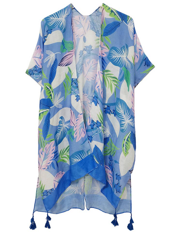 Hana - Wholesale Kimono - Women's - Palm Leaf Print Tassel Summer Kimono Cover Up