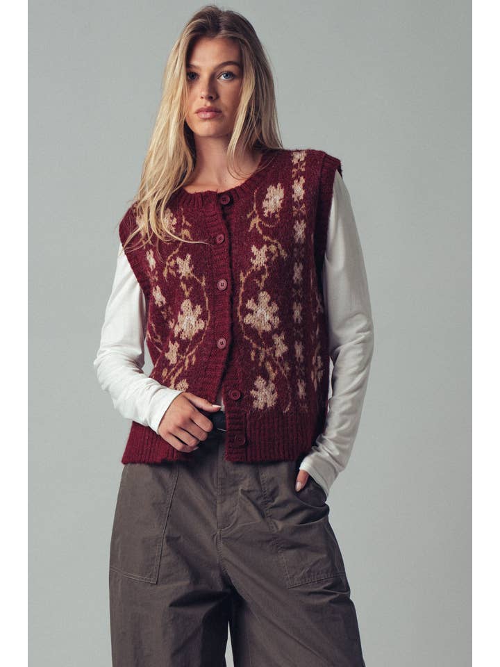 Urban Daizy - Wholesale Sweater Vest - Women's - Floral Knit Button-Up Sweater Vest6