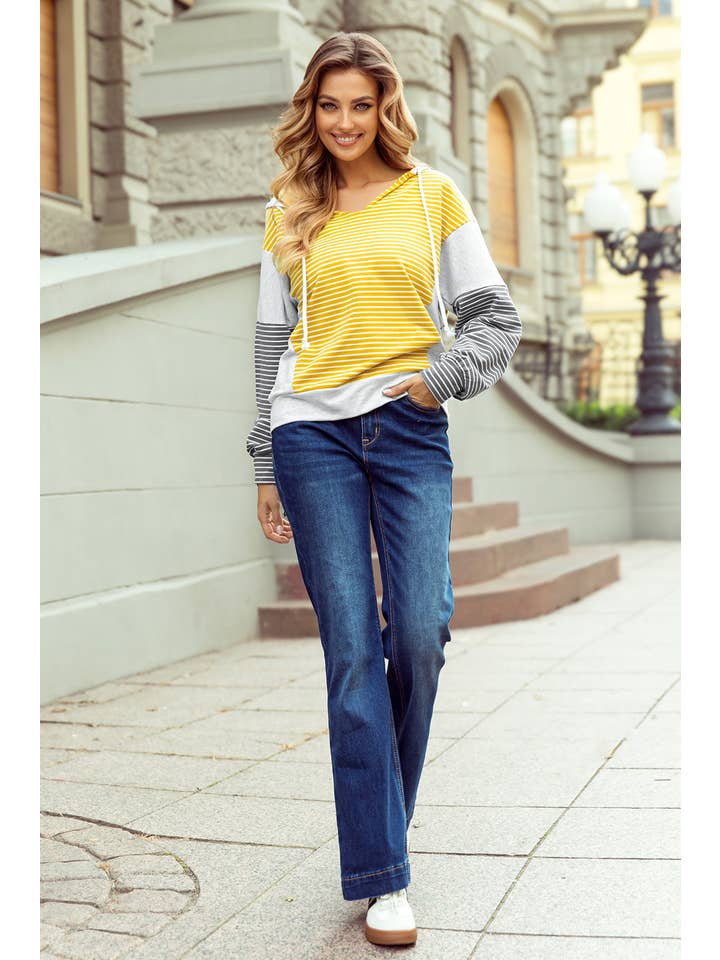 Jaune Haut à capuche ample à col en V avec cordon de serrage et blocs de couleur en vente sur Faire5