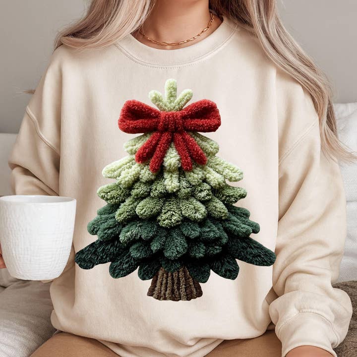 Faux T-shirt à nœud d'arbre de Noël en crochet, pull de Noël pour la vente par DLT Ecommerce