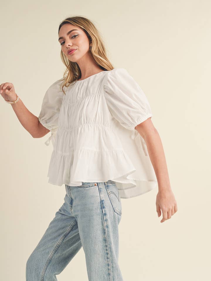 &MERCI - Wholesale Blouse - Women's - TIERED SHIRRING PUFF SLEEVE TOP MTP308148