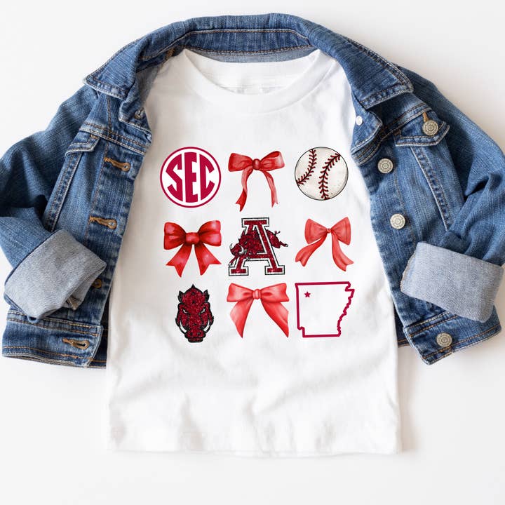 Red Arkansas Coquette Youth Baseball Tee Graphic Tee for wholesale by Simply Southern Tee's and Tumblers LLC