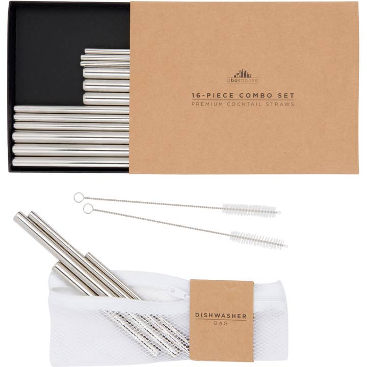 Metal Cocktail Straws - Combo Set of 16, Stainless for wholesale by A Bar Above