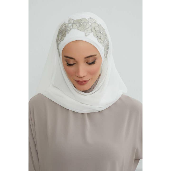Aisha's Design - Wholesale Hijab – Women’s - Luxury Instant Chiffon Hijab with Floral Lace, Ready-to-Wear Chiffon Hijab with Embroidered Flowers,CPS-10132