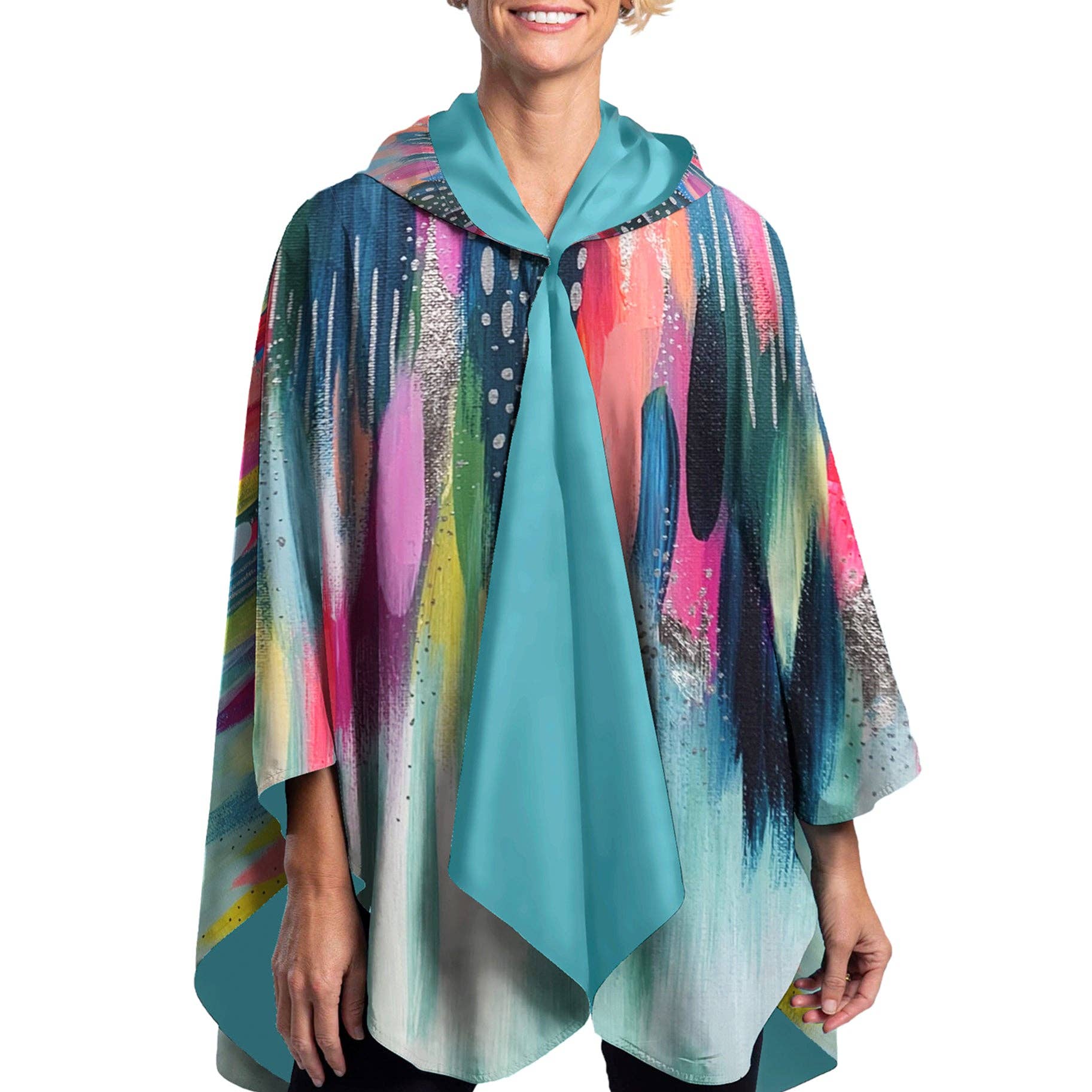 RainCaper - Wholesale Raincoat - Women's - EttaVee "Brush Strokes 103" Reversible Rain Cape – Lightweight Hooded Wrap for Women1
