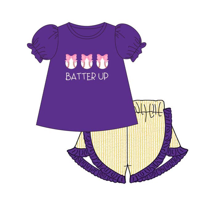 Paarse Collegiate “Batter Up” honkbalstrik-shortset voor wholesale door Little Peas