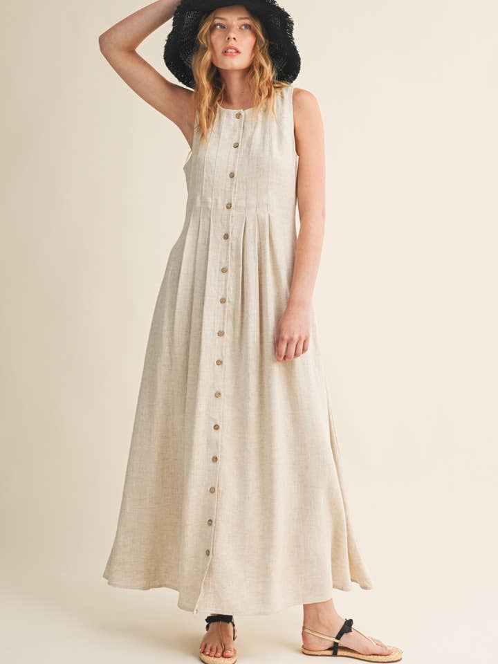D6149 PLEATED DETAIL BUTTON FRONT LINEN DRESS for wholesale by MIOU MUSE