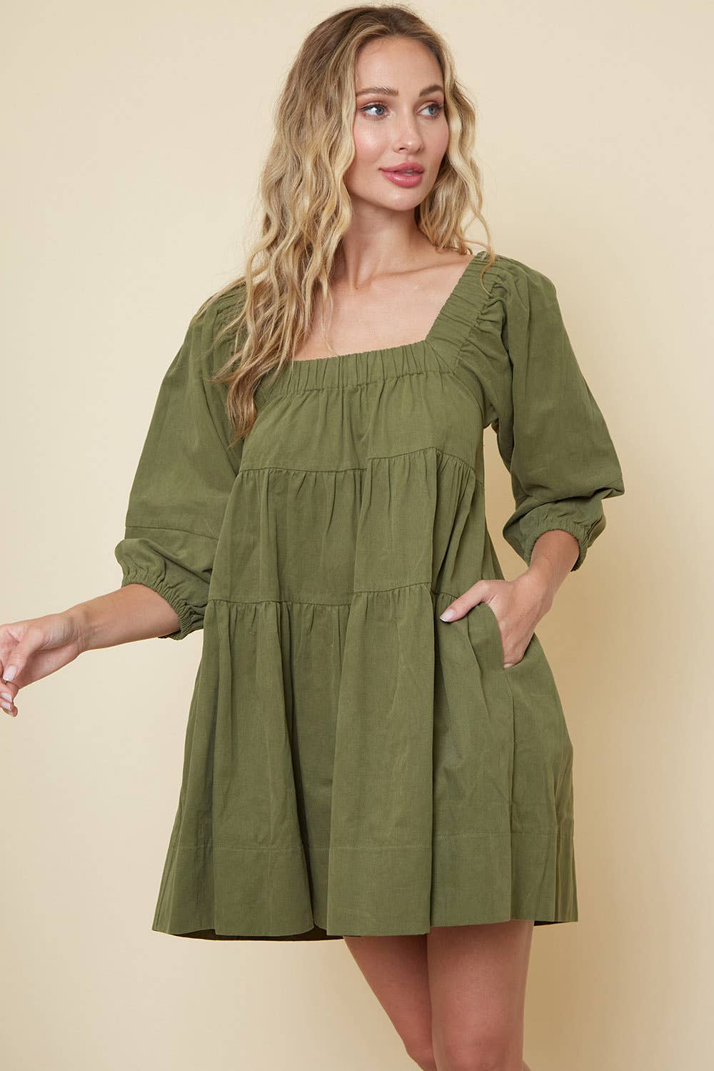 Saints & Hearts - Vente Robe – femme - SID2340A ROBE BABYDOLL OCCIDENTALE À COL CARRÉ OLIVE AVEC POCHES2