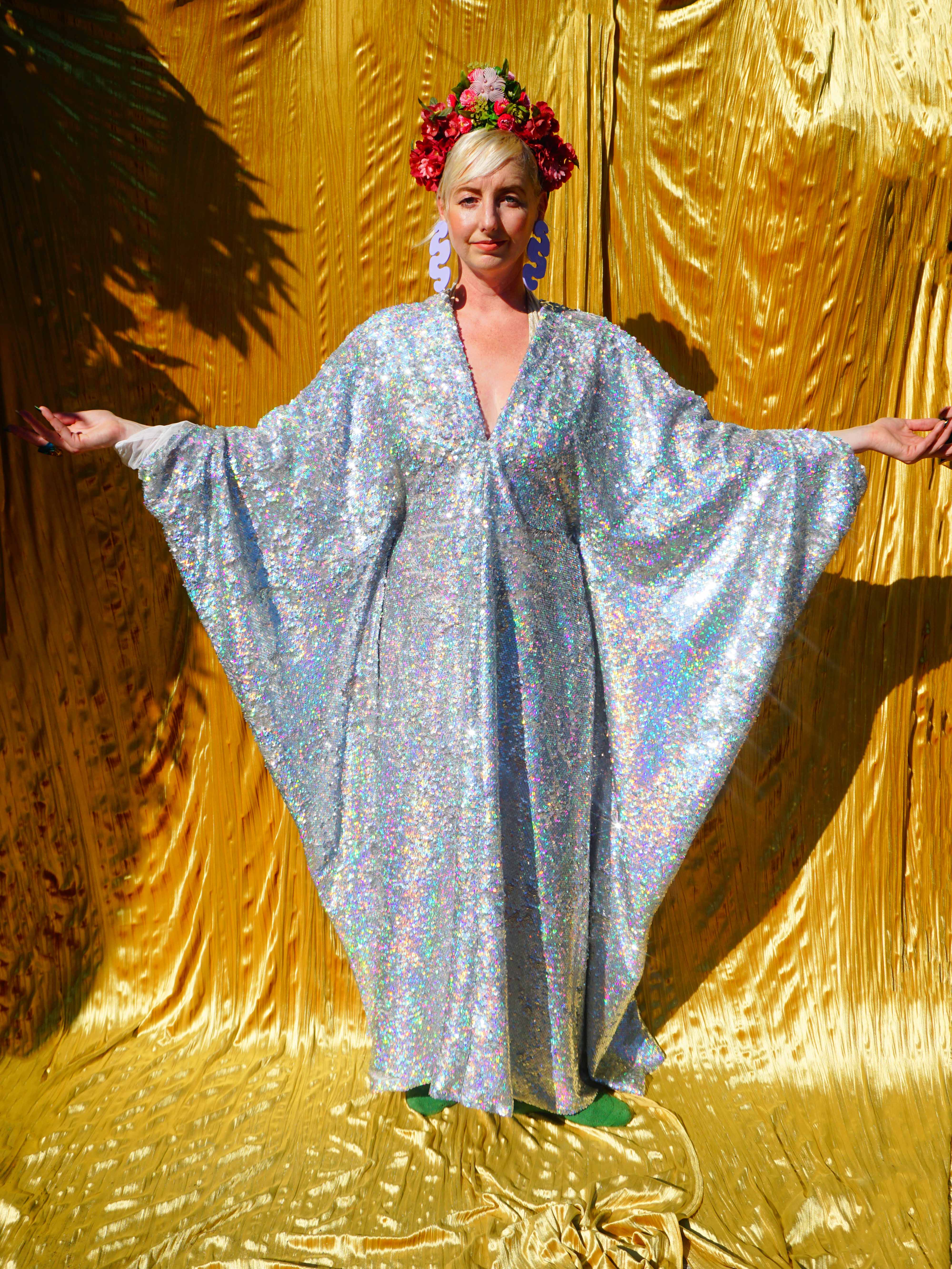 Fumbalinas – wholesale Kaftan – Women's – SILVER Holographic Sequin V-neck Kaftan Gown1