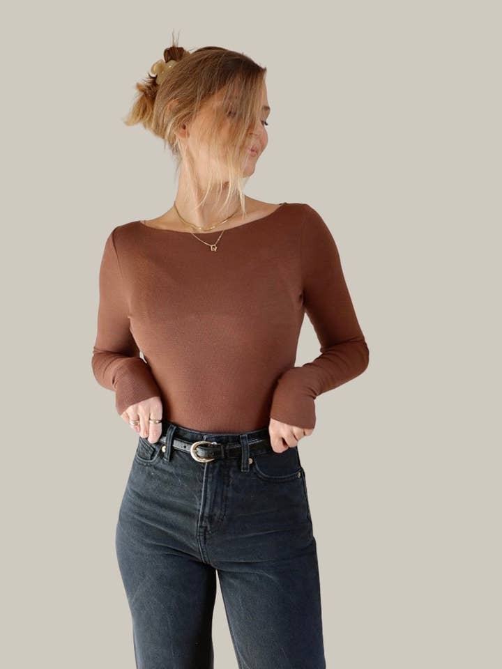 BOATNECK LONGSLEEVE RIB CHOCOLATE for wholesale by PURA Clothing