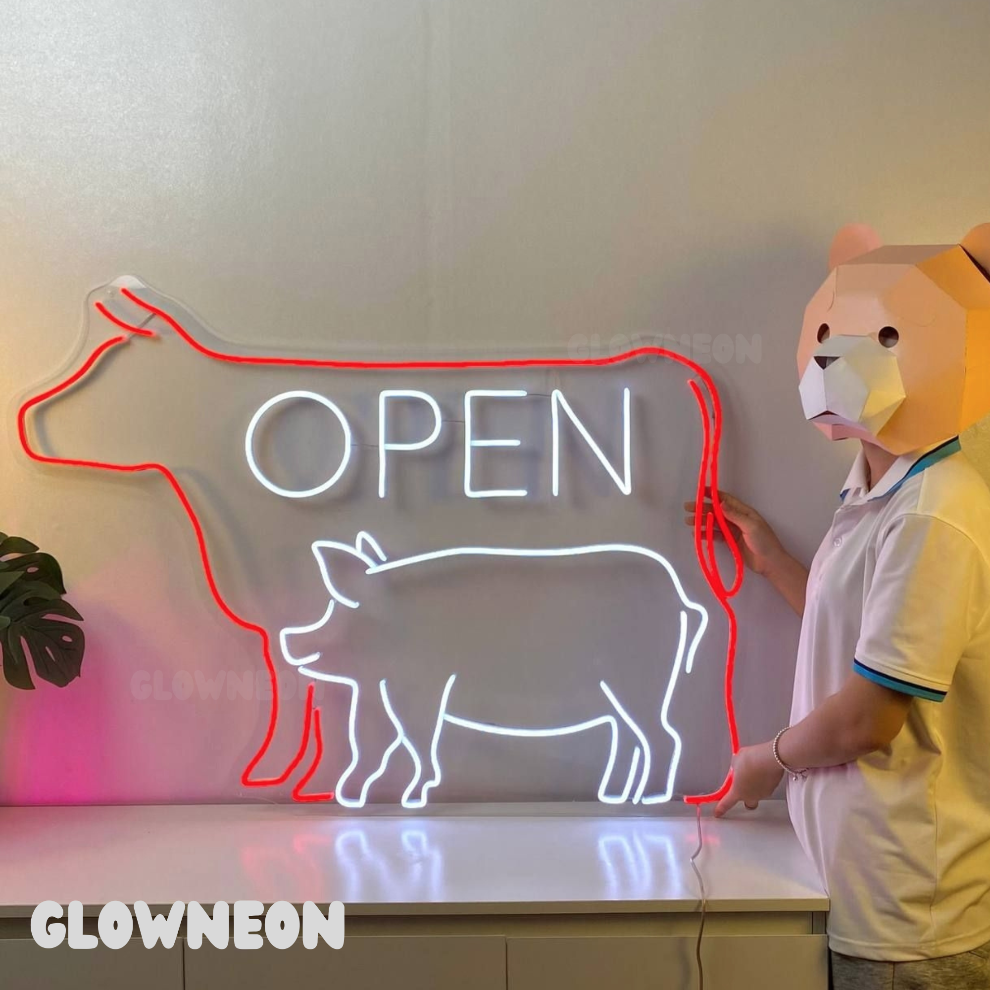 Glow Neon - Wholesale Neon Sign - Cow Pig Open Neon Light Up, Butcher Meat Shop Led Wall Decor0