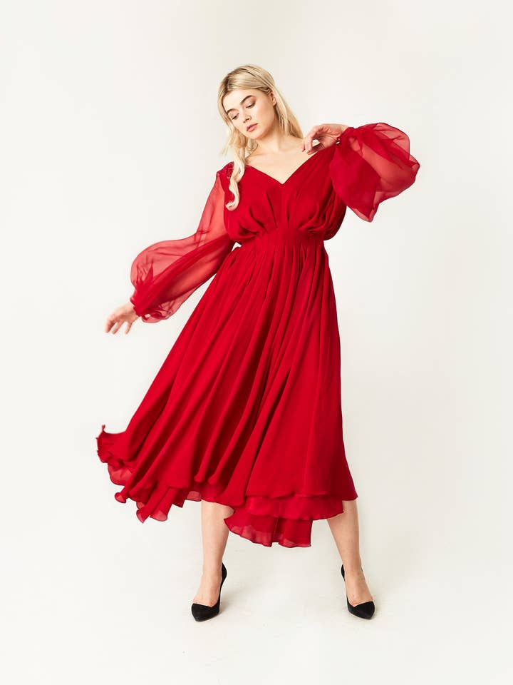 Mara Silk Georgette Dress in Scarlet Red for wholesale by Jasmine Chong