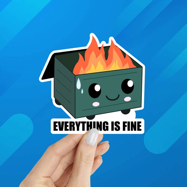 Everything is Fine Dumpster Fire Laptop Water Bottle Sticker for wholesale by Coastal Creators of Connecticut
