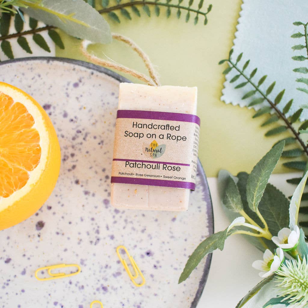 The Natural Spa Cosmetics - Wholesale Bar Soap - Patchouli Rose  Soap On A Rope 100g - vegan stocking filler2