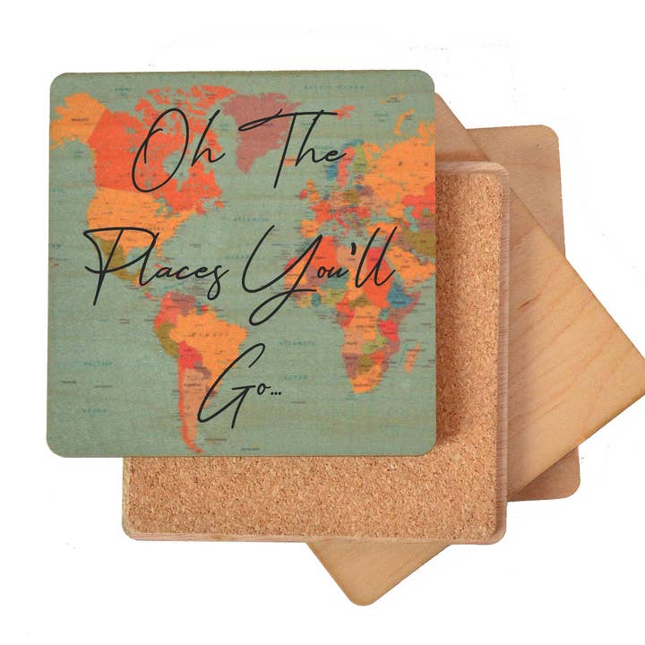 Driftless Studios - Wholesale Coasters - Oh The Places You'll Go World Map Wood Coasters1
