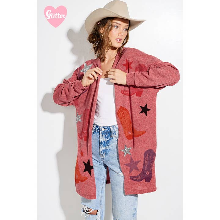 Stivali da cowgirl Cardigan casual in maglia con stampa glitterata per la vendita all'ingrosso da parte di Phil Love