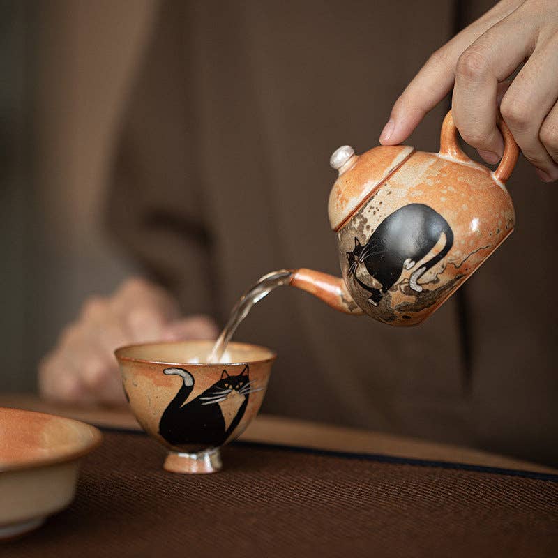 Gohobi （We cover U.S. import duties） – chaleira por atacado – Gohobi Bule de Chá de Gato Pintado à Mão com Tinta Preta Feito à Mão 01214