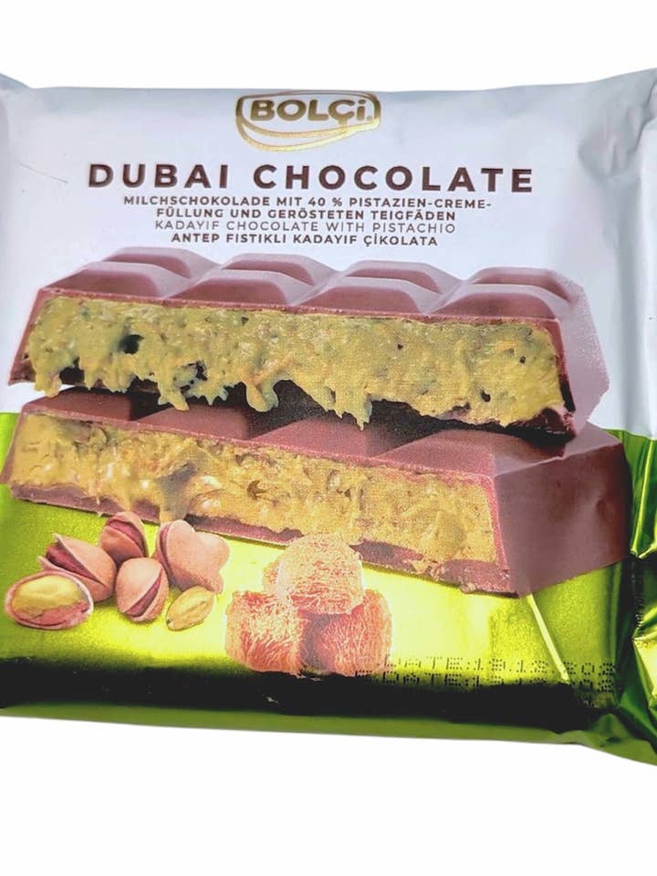 Dubai Chocolate W-Pistachio and kadayif 100g Bar for wholesale by Dulcefina Chocolate and Sweets