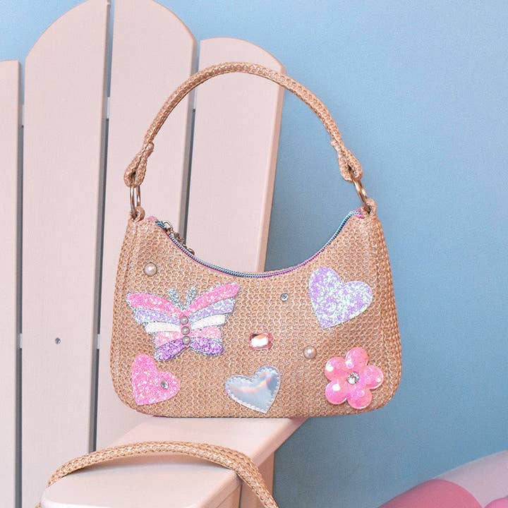 Straw Butterfly Appliqué Patched Mini Hobo Bag for wholesale by OMG Accessories
