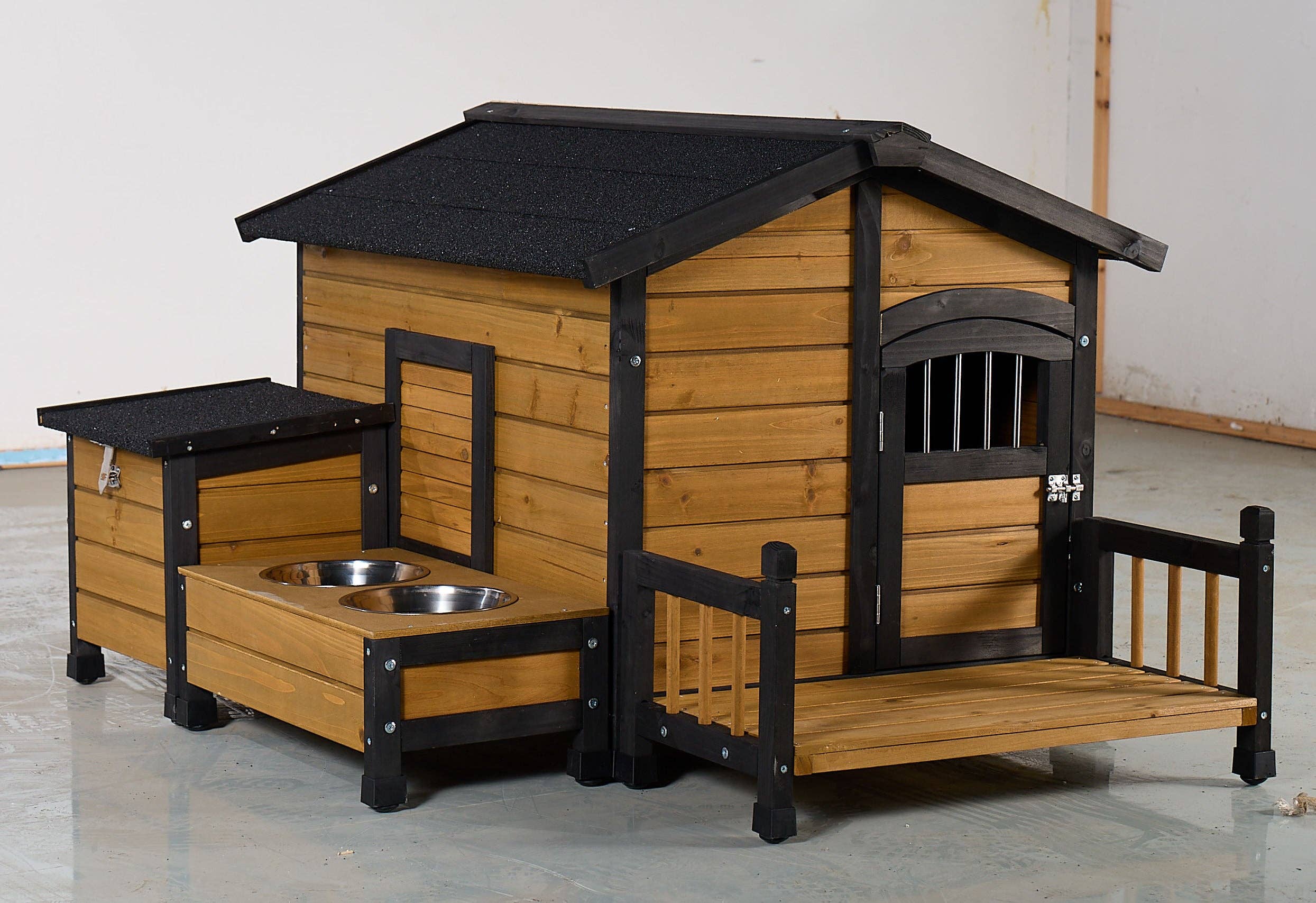 39F Inc. - Wholesale Pet Deodorizing Spray - Large Yellow Wooden Dog House with Storage, Feeding Station 1