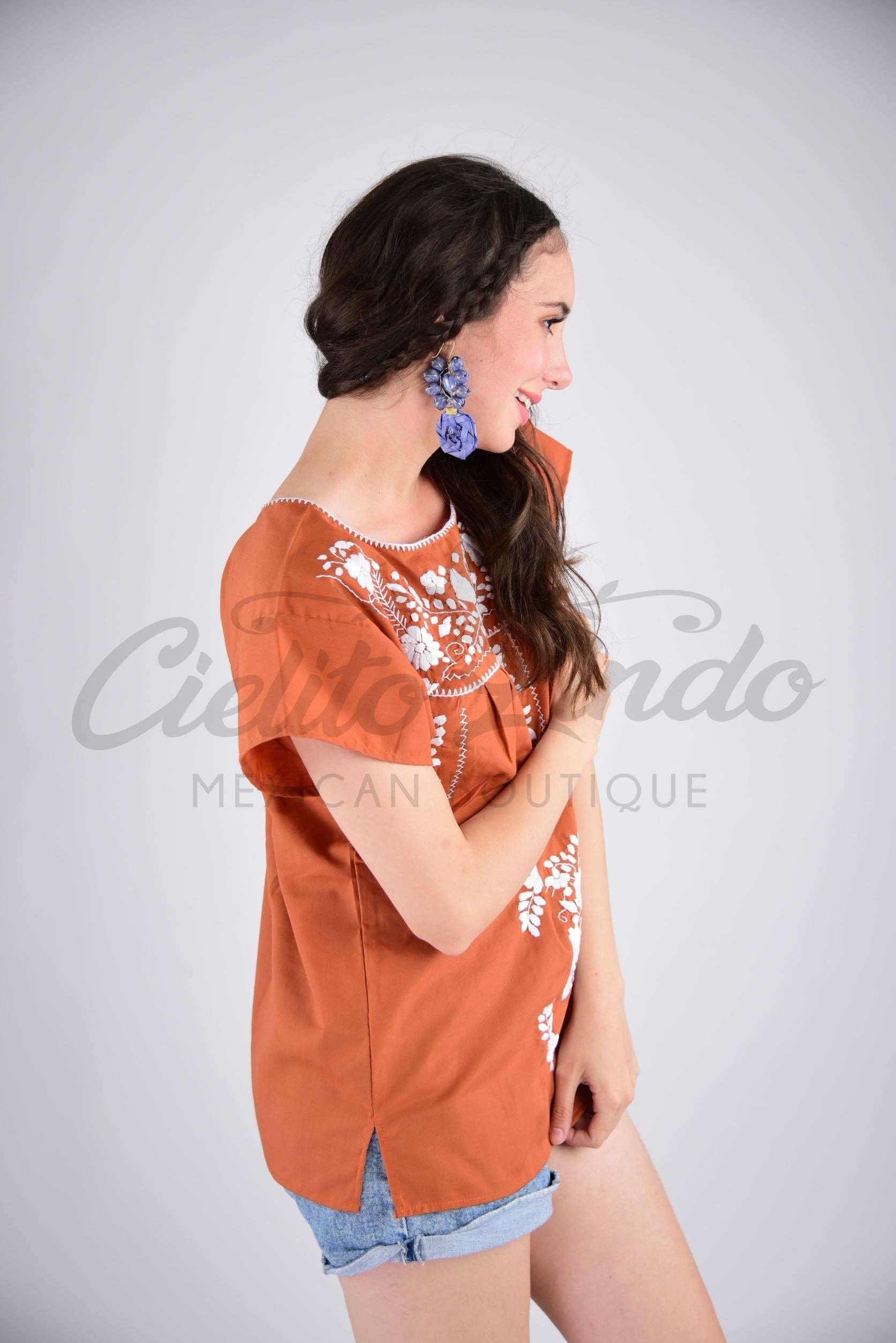 Burnt Orange Mexican Blouse Full Embroidered Texas Longhorns for wholesale on Faire1