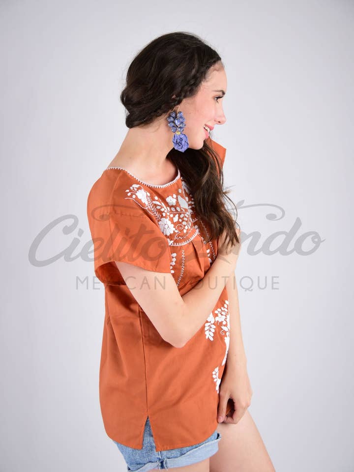 Burnt Orange Mexican Blouse Full Embroidered Texas Longhorns for wholesale on Faire1