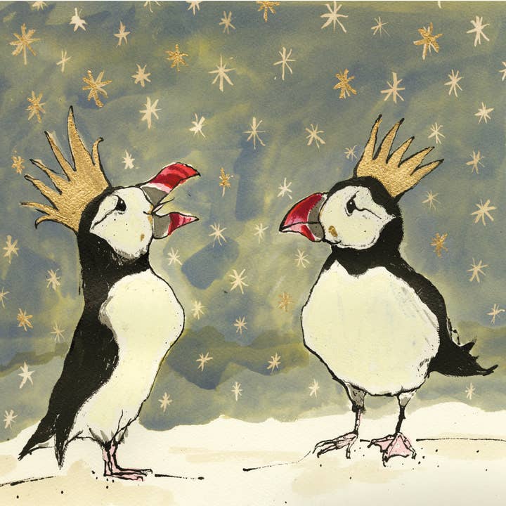 Christmas Puffins Christmas Card for wholesale by Anna Wright Ltd