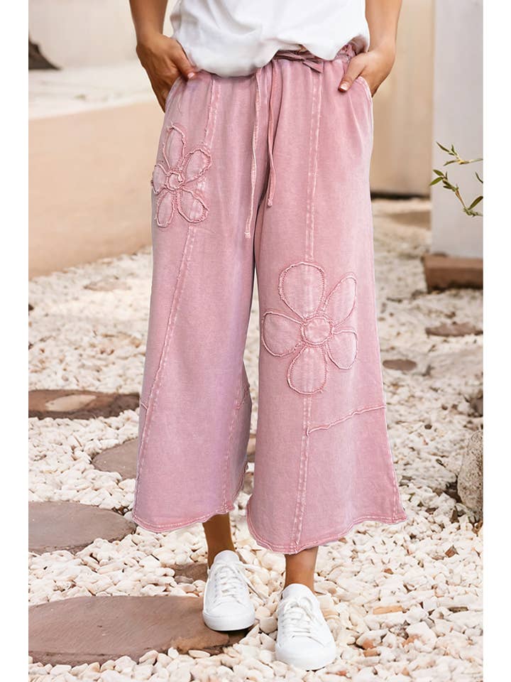 Pink LDC Floral Patch Mineral Washed Terry Knit Cropped Pants for wholesale on Faire
