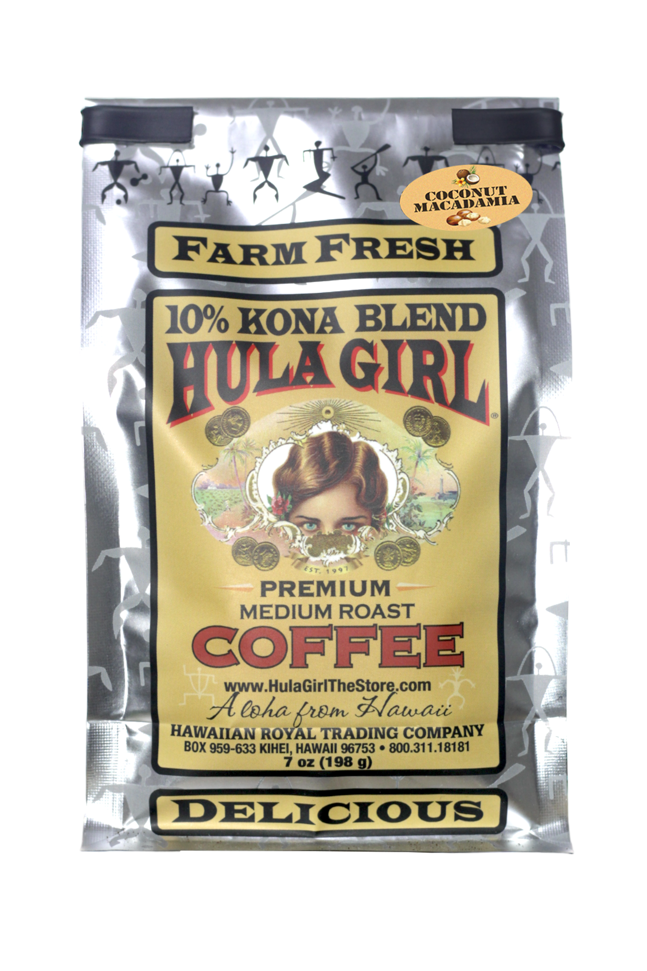 Hula Girl Products - Wholesale Coffee Beans - Hula Girl 10% Kona Coffee Blend Ground 7oz(198g) - Box of 206