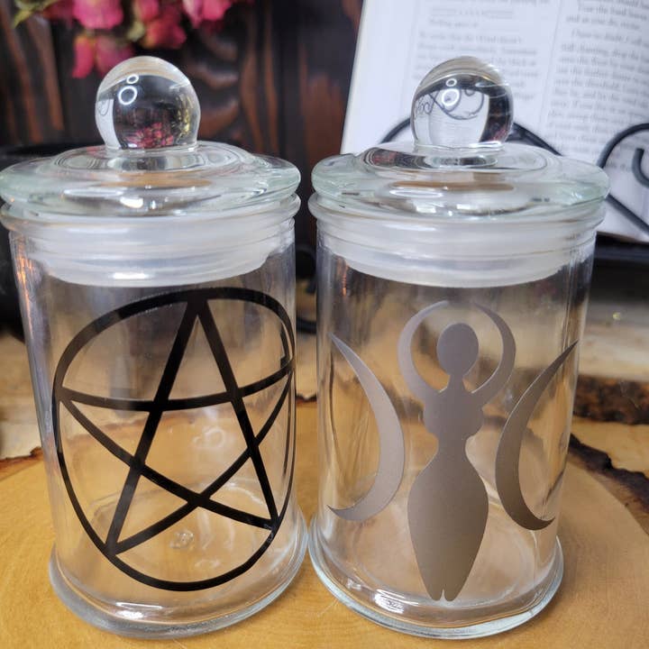 Pentagram and Goddess Glass Bottle, Witchy Moon Jar with Cork, Glass Goddess Decorated, Pentagram Spell Bottle for wholesale by My Magic Place Shop