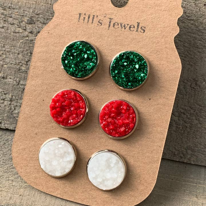 Christmas red, white, green triple Faux Druzy 3 Earring Set for wholesale by Jill's Jewels
