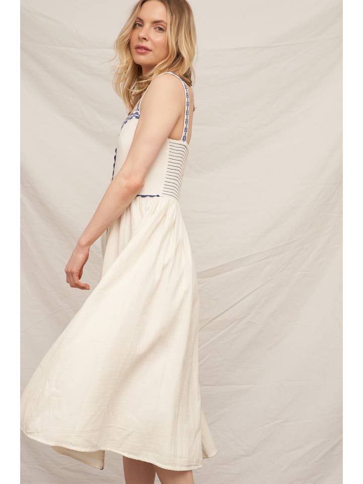 Ivory Blue Button Down Embroidery Midi Dress for wholesale on Faire